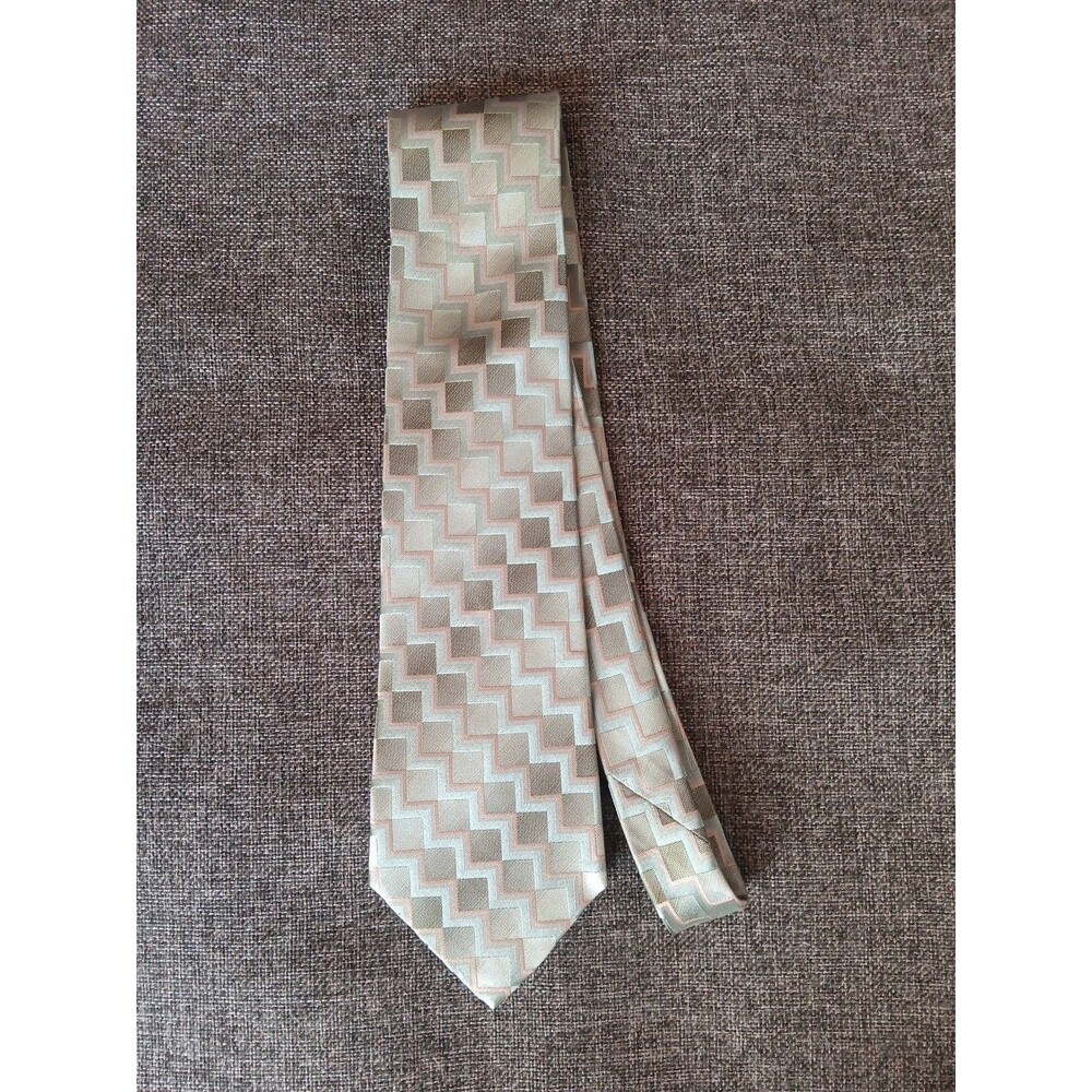 Tie 70s 80s 90s Y2K Mens Arrow Silk Green Beige 3.75 Wide 60 Long